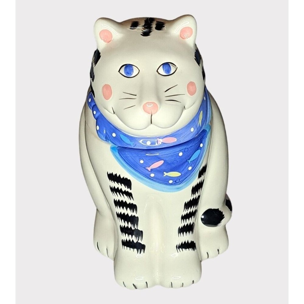 Coco Dowley Smiling Cat Cookie Jar Fish Bib Kerchief White Tabby Kitty 12" High